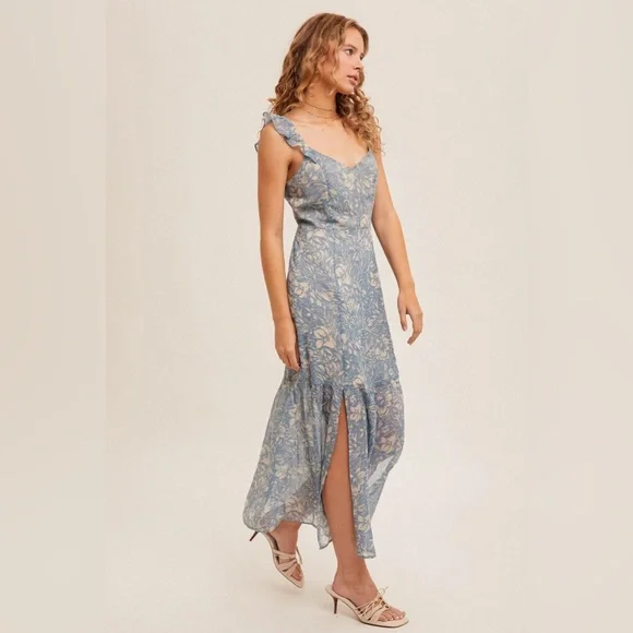 Hem & Thread Dresses | Ruffle Strap Open Back Midi Dress with Front Slit | Color: Blue | Size: L | Shopheatherblue's Closet